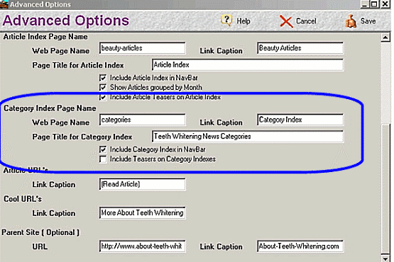 Avanced options categories