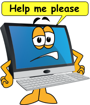 Computer cartoon saying help me please