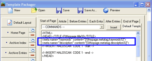 Meta tags shown in the template packager.