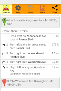 Drive Time Calculator route directions