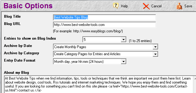 EasyBlogs basic options page