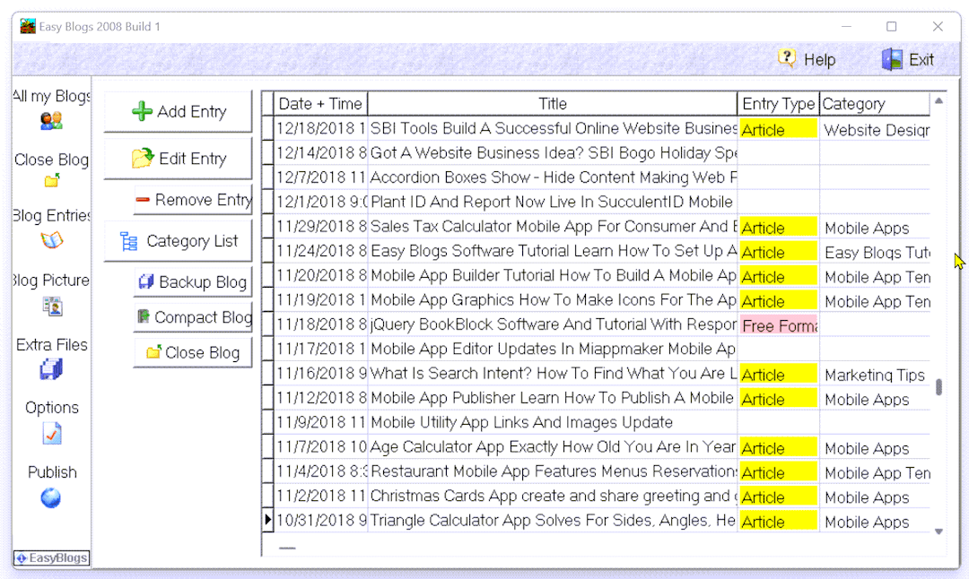 EasyBlogs entries list
