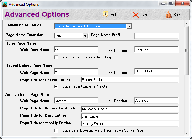 Easy Blogs Advanced Options
