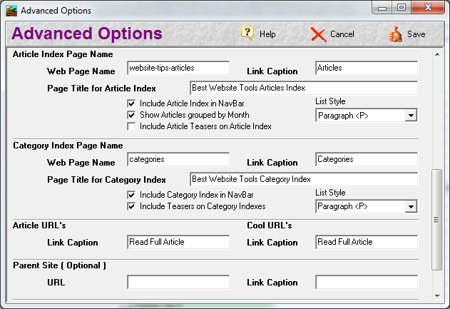 Easy Blogs Advanced Options
