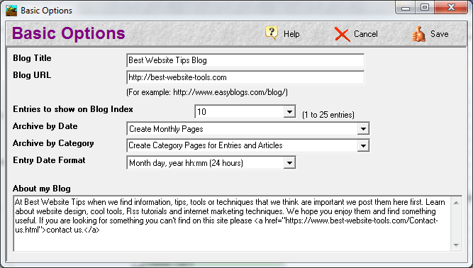 Easy Blogs Basic Options screen