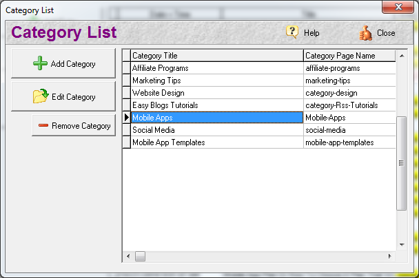 Easy Blogs software Category List screen