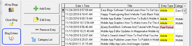 Easy Blogs software blog entries screen