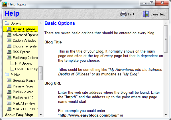 EasyBlogs basic options page