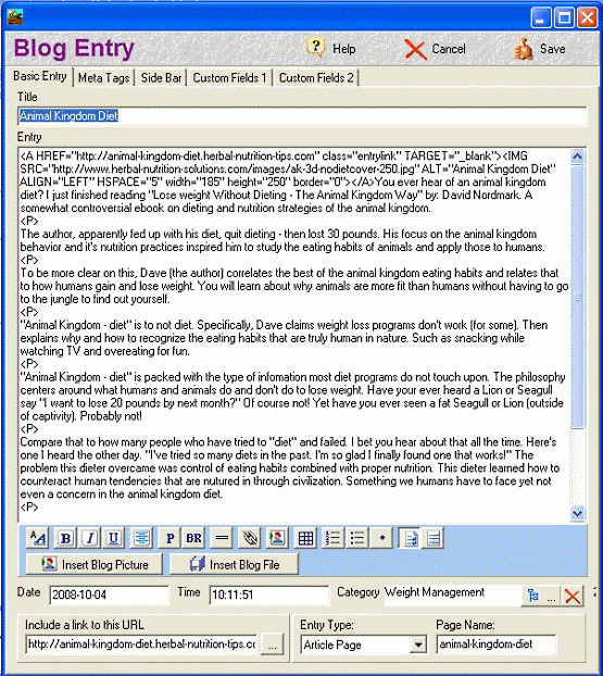 Easy Blogs blog entry editor