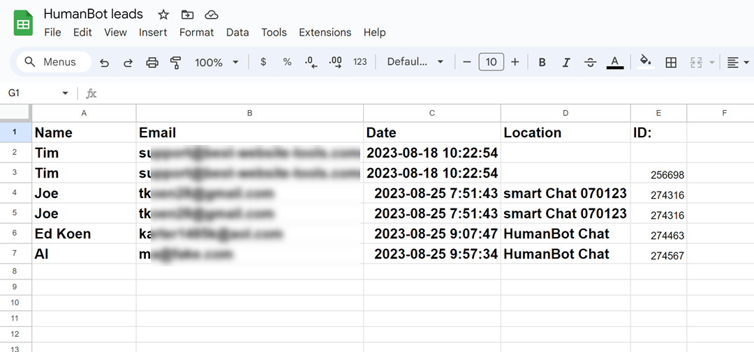 HumanBot leads spreadsheet