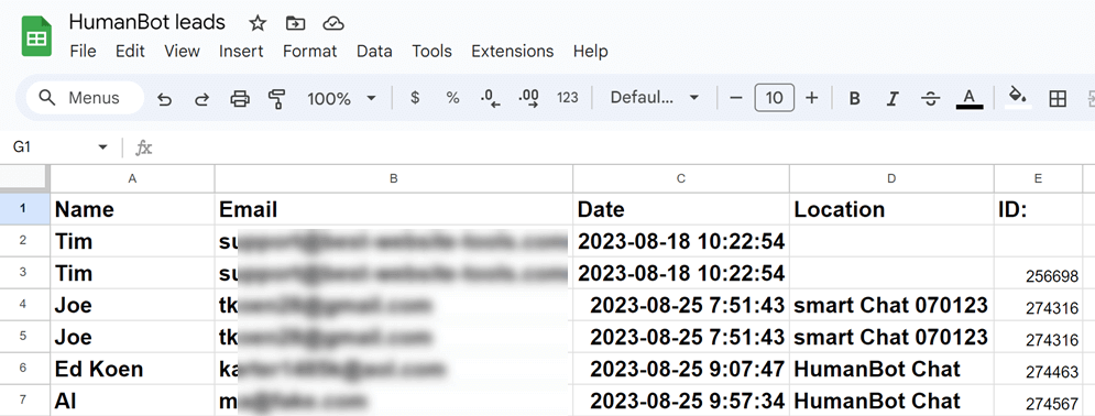 HumanBot leads spreadsheet