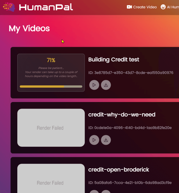 HumalPal Video Rendering page