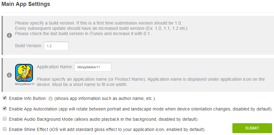 Main app settings page