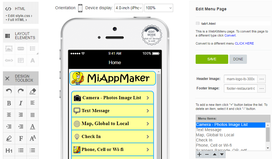 Mobile app editor screen
