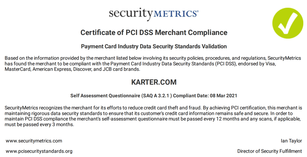 PCI DSS Compliance certificate