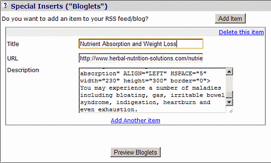 SBI Rss/Blog It! - bloglet edit window