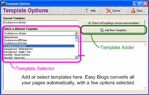 Template options page in Easy Blogs