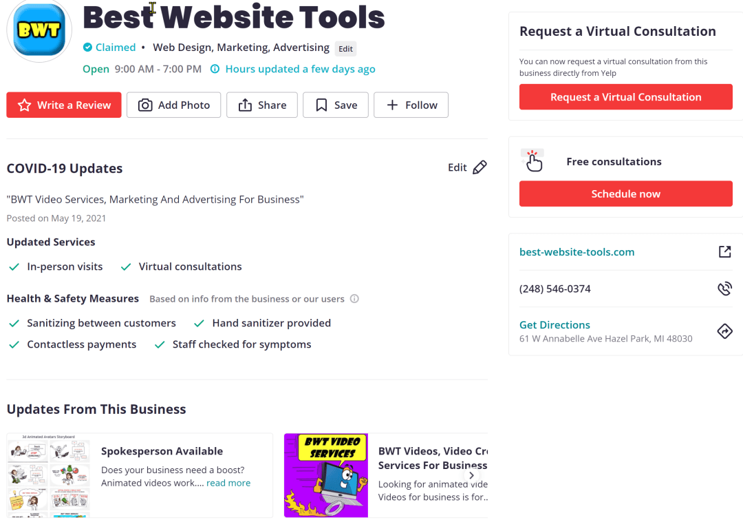 BWT's Yelp Business Page.